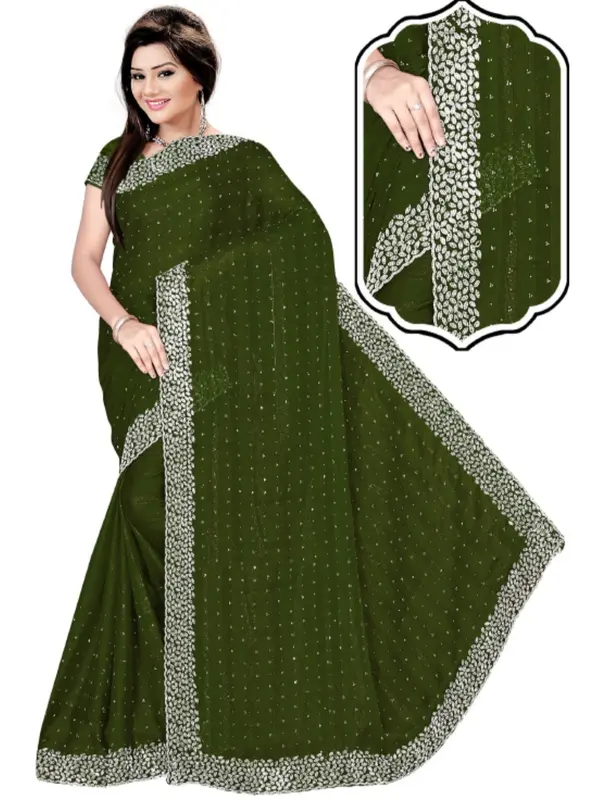 Designer Georgette Saree with Shimmer Stripes, Swarowski Work, Large Border, Unstitched Blouse, Saree 1