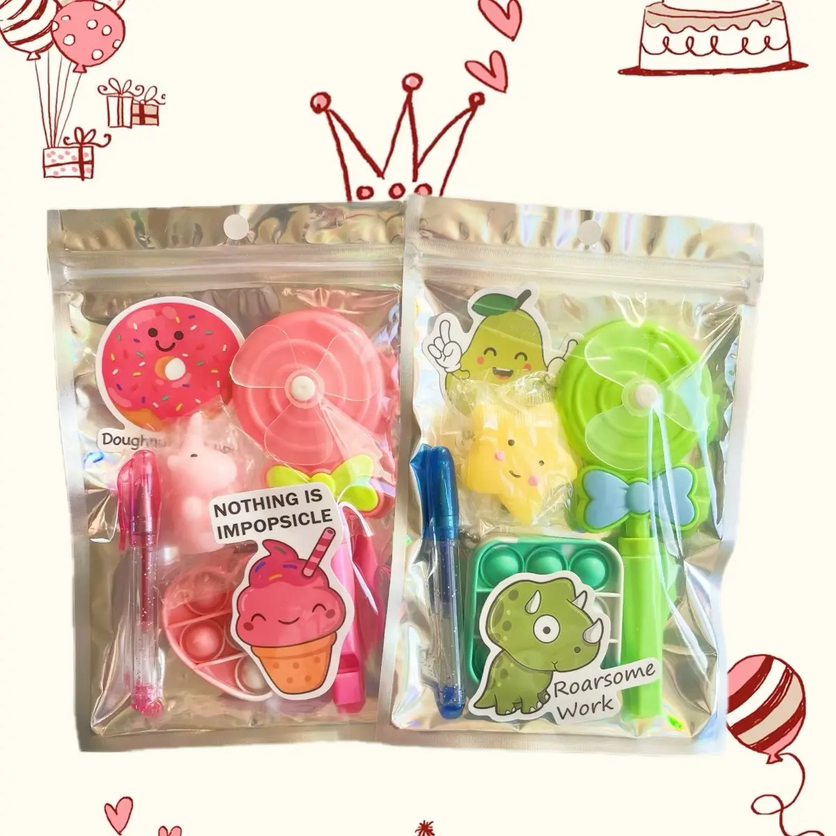 Boys girls party bags unisex kids party bags children's birthday party bags gifts fidget popper toys sensory toys windmill whistle stickers