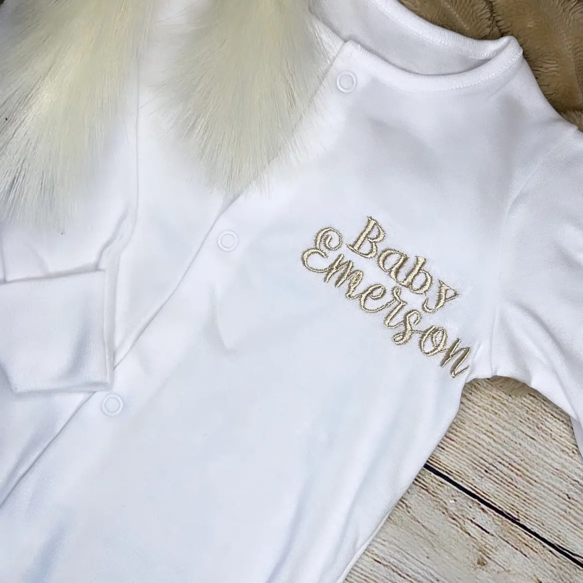 Personalised baby beige babygrow sleepsuit newborn baby embroidery