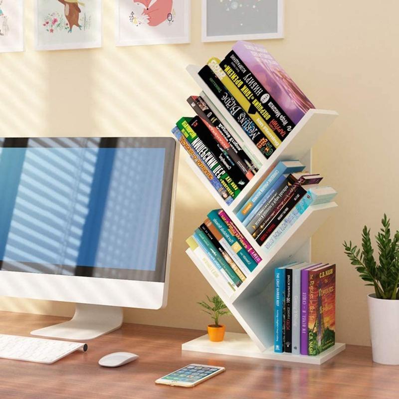 Lushhub Rustic 5/9-Shelf Standing Tree Bookshelf Wood Display Rack in White/Black/Brown - Compact and Space-Saving Book Storage 1