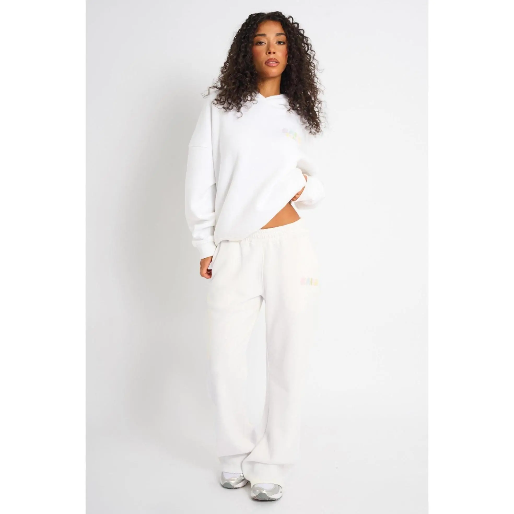 Kaiia Bubble Wide Leg Joggers Off White & Rainbow