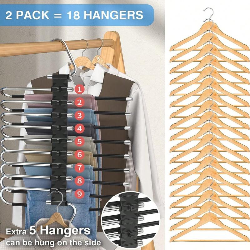 9 Layers Pants Hangers Space Saving, 2 Pack Multifunctional Pant Rack Stainless Steel Closet Organizer For Pants Jeans Leggings Trousers Room Decor Home Decor Fall Decor Bedroom Decor 1