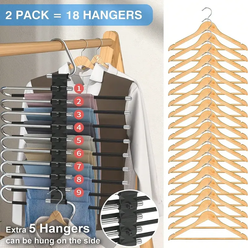 9 Layers Pants Hangers Space Saving, 2 Pack Multifunctional Pant Rack Stainless Steel Closet Organizer For Pants Jeans Leggings Trousers Room Decor Home Decor Fall Decor Bedroom Decor 1
