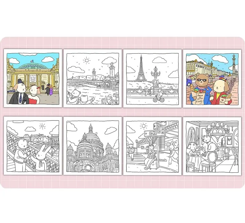 Fuzzy Pals Love Paris: Cute & Cozy Easter Coloring Book for Adults & Teens Featuring Adorable Animal Characters in the Heart of France 3