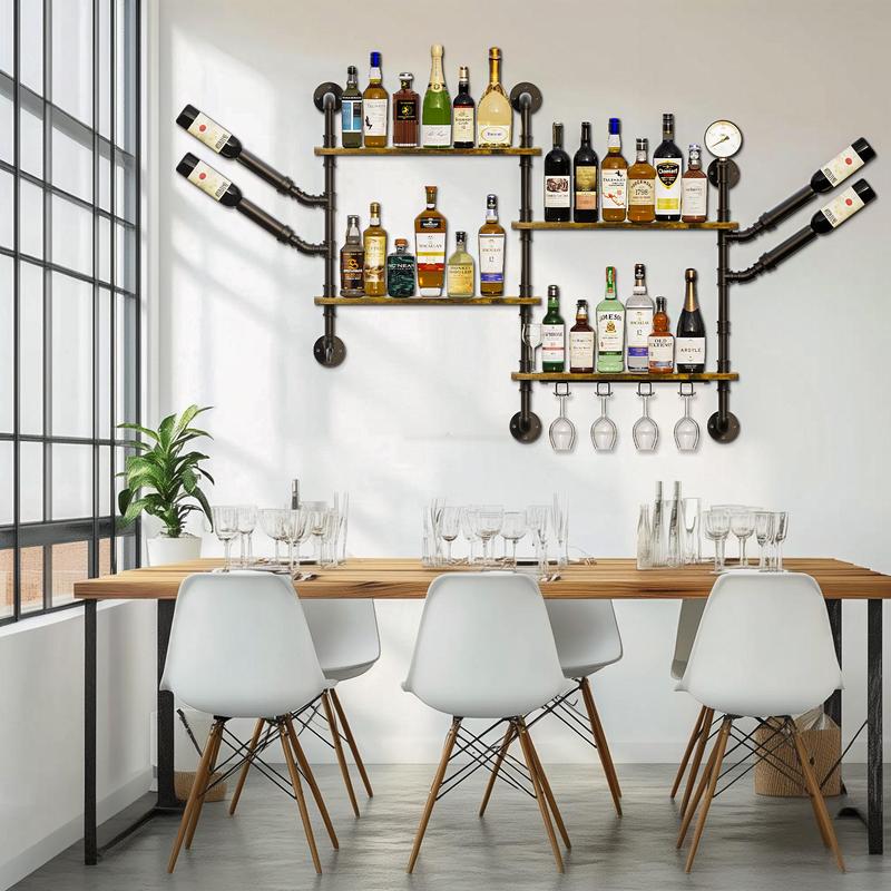 Pipe Bar Liquor Shelf, Floating Shelves with Wine Glass Holder, Wall Black Shelving Unit for Living Room and Kitchen 7