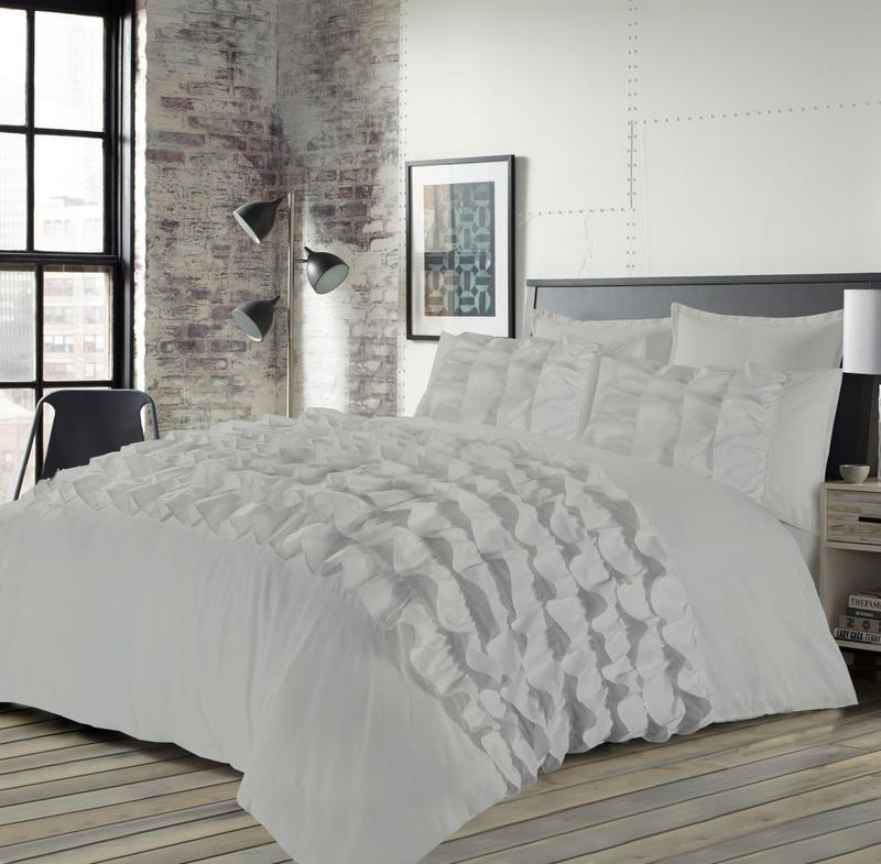 Frilled Duvet Quilt Cover Set Priscilla Polycotton Fancy Signature Luxury Bedding Single Double King Super king Size Silver Pink White Easycare 2