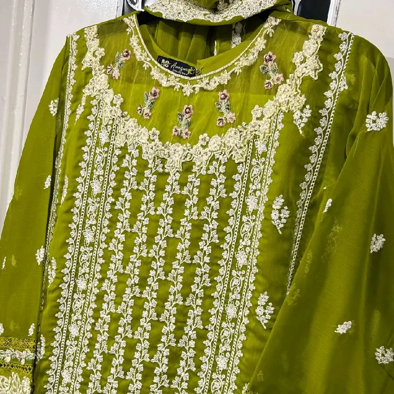 Aghanoor inspired 3pc fully heavy embroidered Chiffon Dress with silk trouser.. 5
