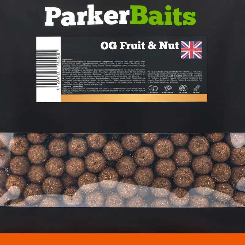 ParkerBaits OG Fruit & Nut Boilies 5kg Pouches for Carp Fishing - Nutty Flavour Blend with Tiger Nuts, Peanut Protein, and Superfoods 0