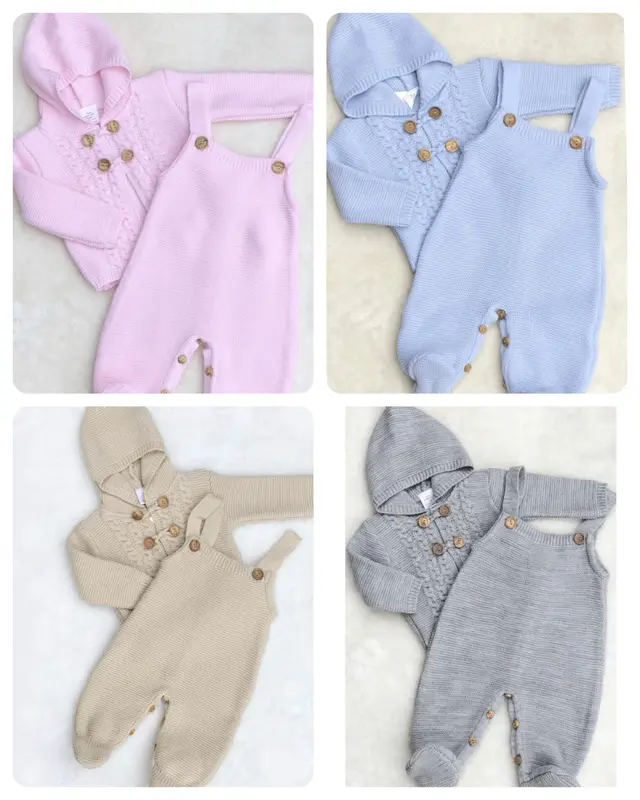 KNITTED DUNGEREES JACKET BABIES PINK BLUE GREY BISCUIT 4