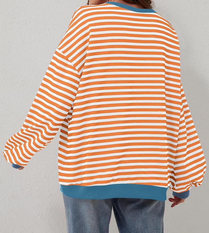 Product Introduction of Women's Colorblock Striped Print Contrast Binding Drop Shoulder Sweatshirt, Casual Long Sleeve Round Neck Pullover for Fall & Winter, Ladies Clothes for Daily Wear, Tops for Women Womenswear Hoodie Bridal Comfort Crewneck Baggy Loose 4