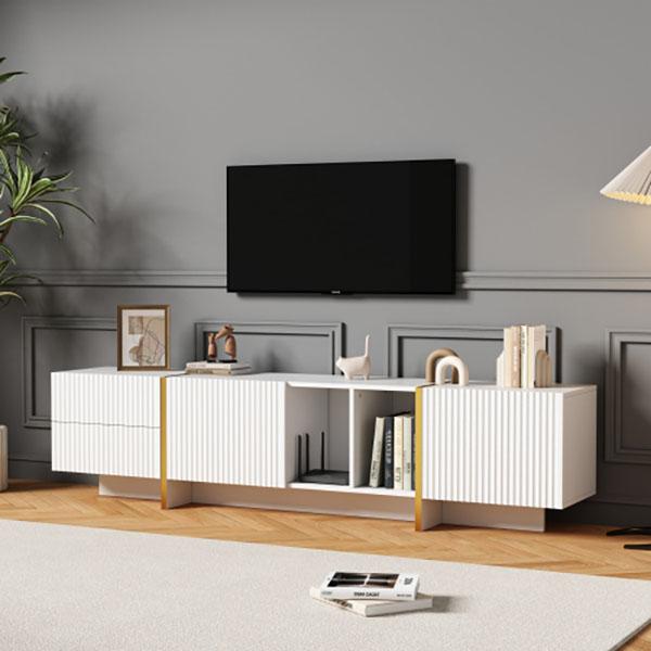 TV Stand for 85inch TV, Entertainment Center with Storage Cabinet and Open Shelves, Embossed Pattern TV Stand, TV Cabinet and Media Console for Living Room, Bedroom, White 7