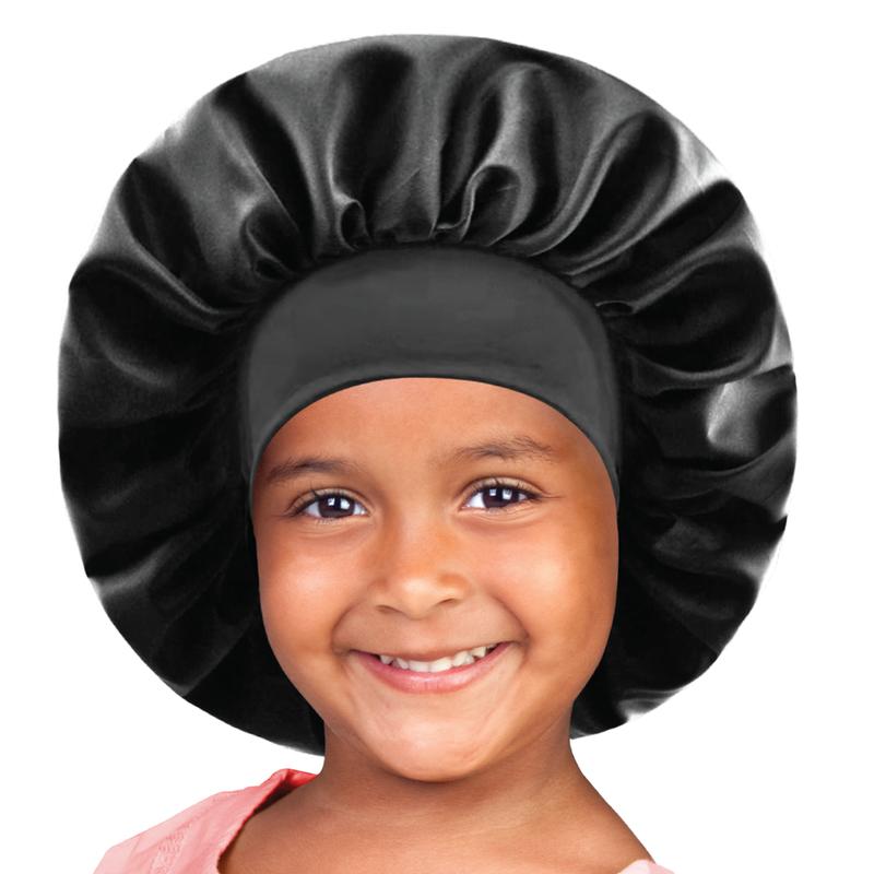 MR Great Quality Kids Silky Satin Day & Night Bonnet Cap Extra Large | Silk Satin Bonnet, Soft Sleep Cap, Hair Wrap for Sleeping, Bonnet Cap, Bonnet for Kids, Hat, Hair Care, Gifts, Comfortable Elastic Head Cover for Curly & All Hair Types Black - 7120 1