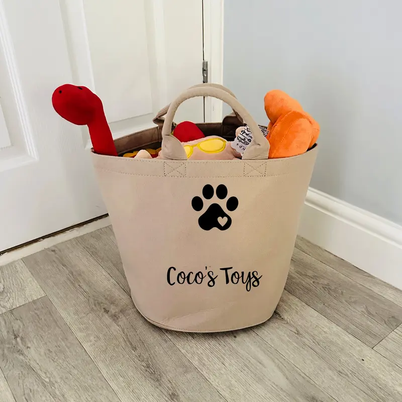 Personalised Dog Toy Basket Organiser - Felt - Grey or Beige Sand - Toy Box - Add your pet's name Gift 2