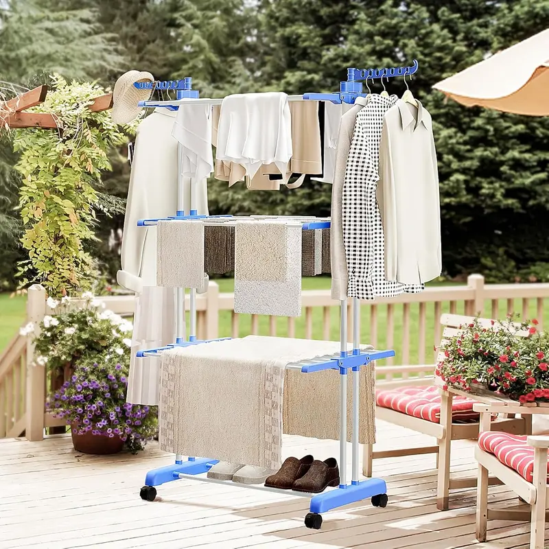 3 Tier Clothes Drying Rack, Adjustable Rolling Laundry Hanger, Foldable Wings Large Stainless Steel Garment Dryer with Casters for Outdoor Indoor Room Hangable 4