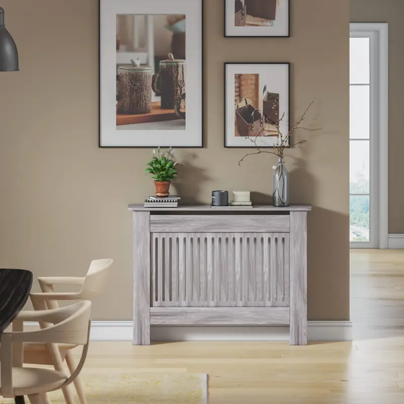 Radiator Cover Grey Modern MDF Vertical Slats Wooden Top Cabinet for Living Room Bedroom Hallway 7