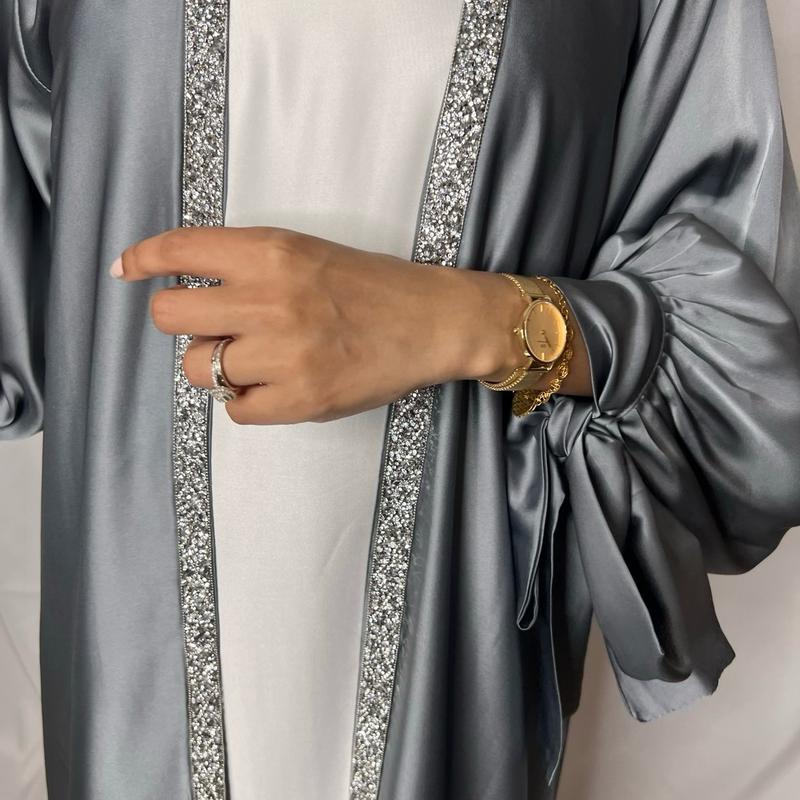 Layan Satin 3 Pcs Abaya Set- Women's Satin Tie Sleeve Abaya With Hijab, 3 Pcs Abaya Set, Abaya for Women, Muslim Clothes, Modest Outfits 5
