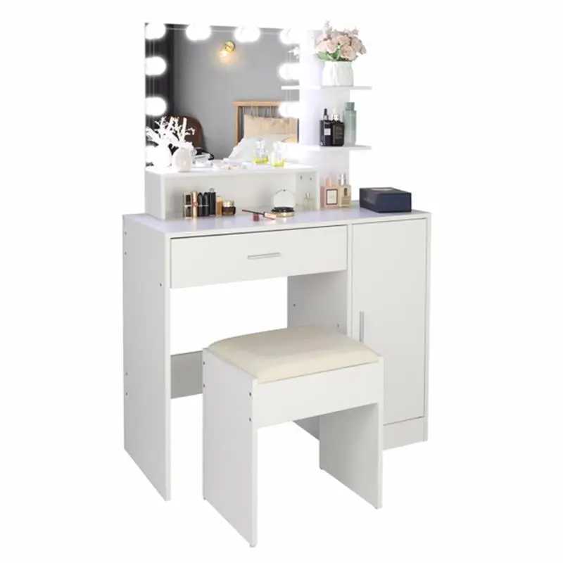 Large Vanity Set with LED Bulbs – Makeup Table with Stool, Storage Shelves, Drawer, and Cabinet – Perfect for Women and Girls, White 6