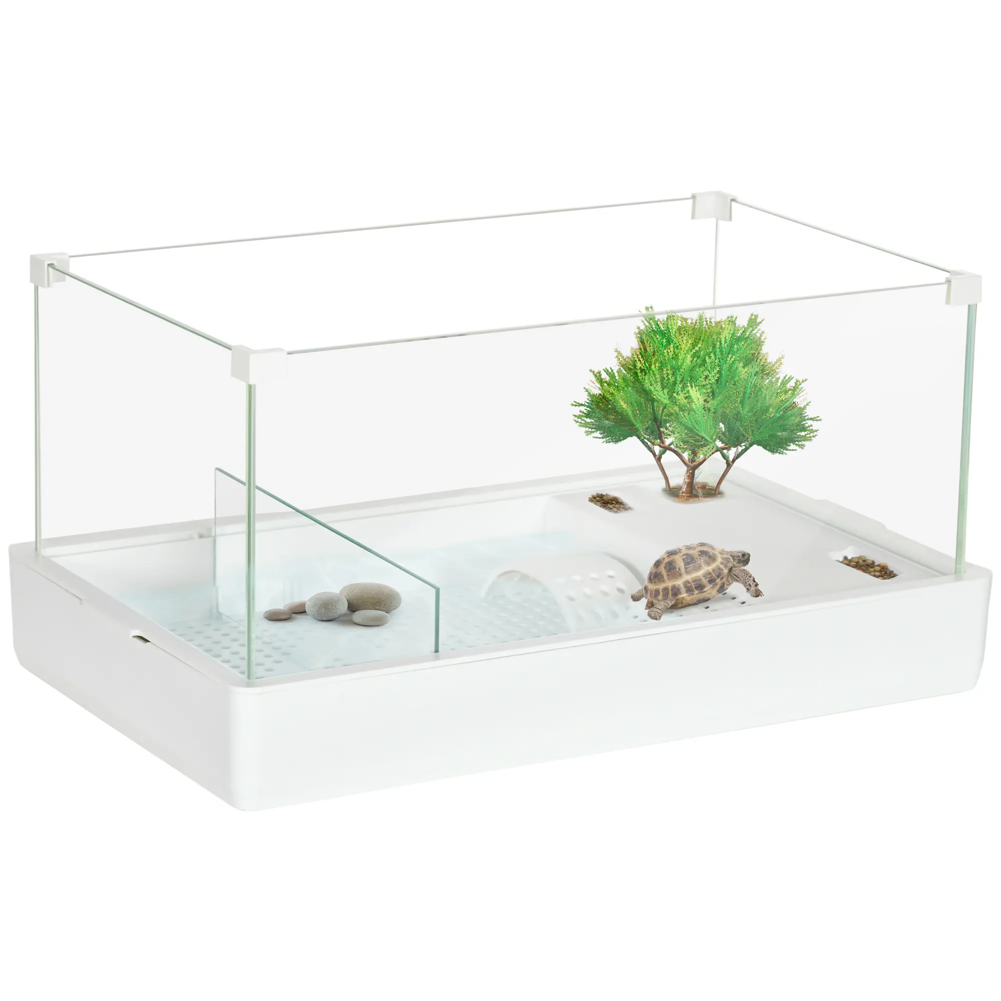 PawHut 50cm Turtle Tank Aquarium, Glass Tank with Basking Platform, Filter Layer Design, Full View Visually Terrapin Reptile Habitat, White