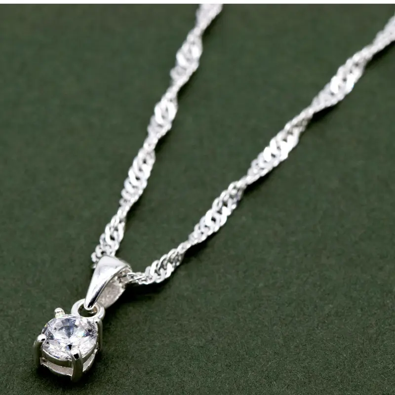 Genuine 925 Sterling Silver Cubic Zirconia Round Pendant Necklace Singapore Chain 14"-24" 4