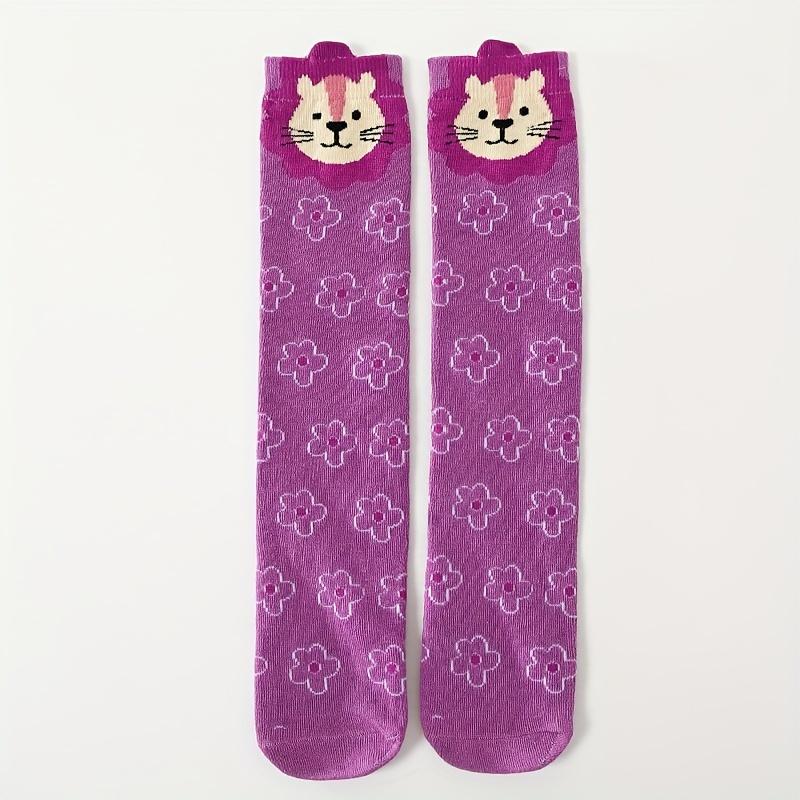 Cat Pattern 4 Pairs Girls Knee High Stocking Socks, Comfy Breathable Sweat Resistant Anti-odor Socks For Spring Summer 2