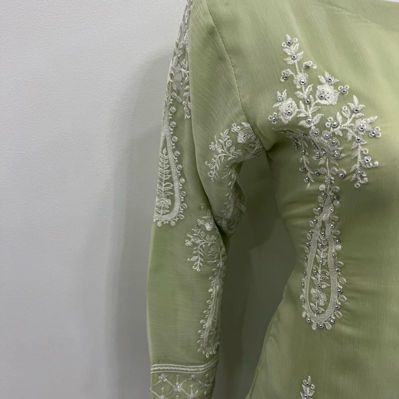 Iqrah chiffon suit with white Mint green 2