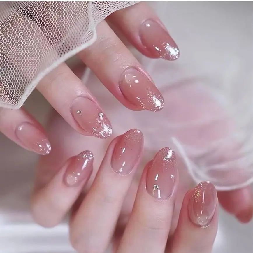 gel  press  ons Nail Almond False Nails Short - 24 Pcs Nude Pink Soft Nail Tips Glitter Stick on Nails Press on Nails Removable Glue-on Nails Full Cover Acrylic Fake Nails Women Girls Nail Art Accessories Nail Care Nail Polish