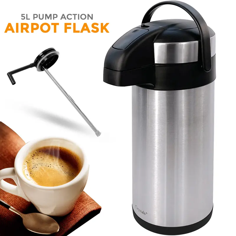 2X 5L Air Pot Tea Flask Pump Action Vacuum Insulated Safety Lock Carry Handle Drinkware Stainless 4