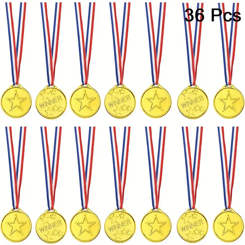 36pcs Golden Plastic Medals with Ribbons - 3.71cm Diameter, 27.94cm Ribbon - Perfect for School Competitions & Sports Events, Party Favors, and Rewarding Youngsters 2