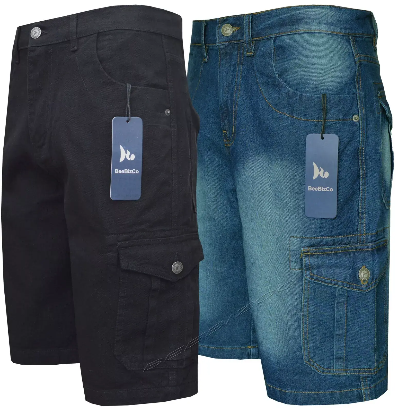 Beebizco Mens Denim Jean Shorts Cargo Combat 100% Cotton Knee Length Pants 7 Pockets 32"-50" Menswear