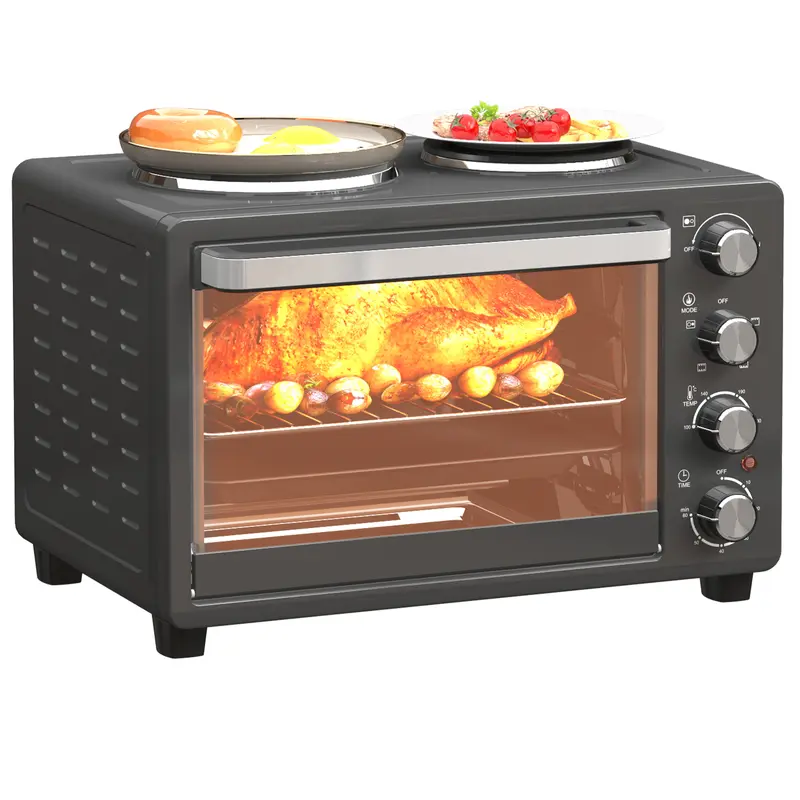 HOMCOM 28L Mini Oven with 2 Hot Plates, Countertop Toaster Oven, Grill, Roast, Bake, Boil, with Timer, Adjustable Temperature, Electric Oven with Baking Tray, Grill Rack, Crumb Tray, 2600W, Black 0