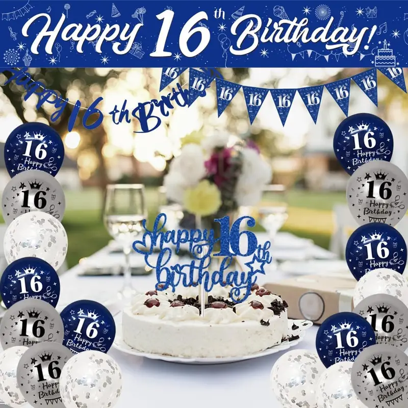 16th Birthday Decorations For Boys,16th Birthday Banners Navy Blue Silver for Him, Happy Birthday Party Decoration,Birthday 9ft Banner Bunting Sash Confetti Latex Balloons Triangle Flags Cake Toppers 1