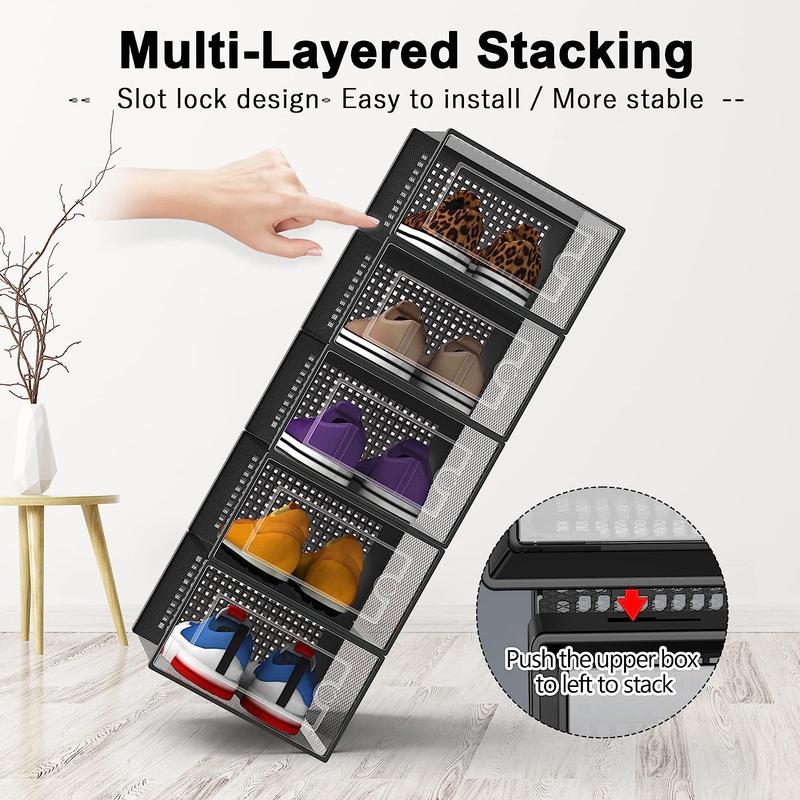 Shoe Storage Box, 12 Pack Clear Transparent Shoe Storage Boxes Hard Plastic Stackable Organiser Containers Bins, DIY Easy Assembly, Sturdy & Durable, Space Saving, Grey Door Frame 3