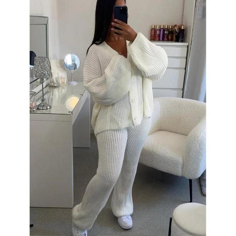 Two Pcs Cardigan & Trouser Set Plain Casual Warm V-Neck Button Winter Cardi Bottom Knitwear Co-Ord Sets Casual Lounge Wear Black 4