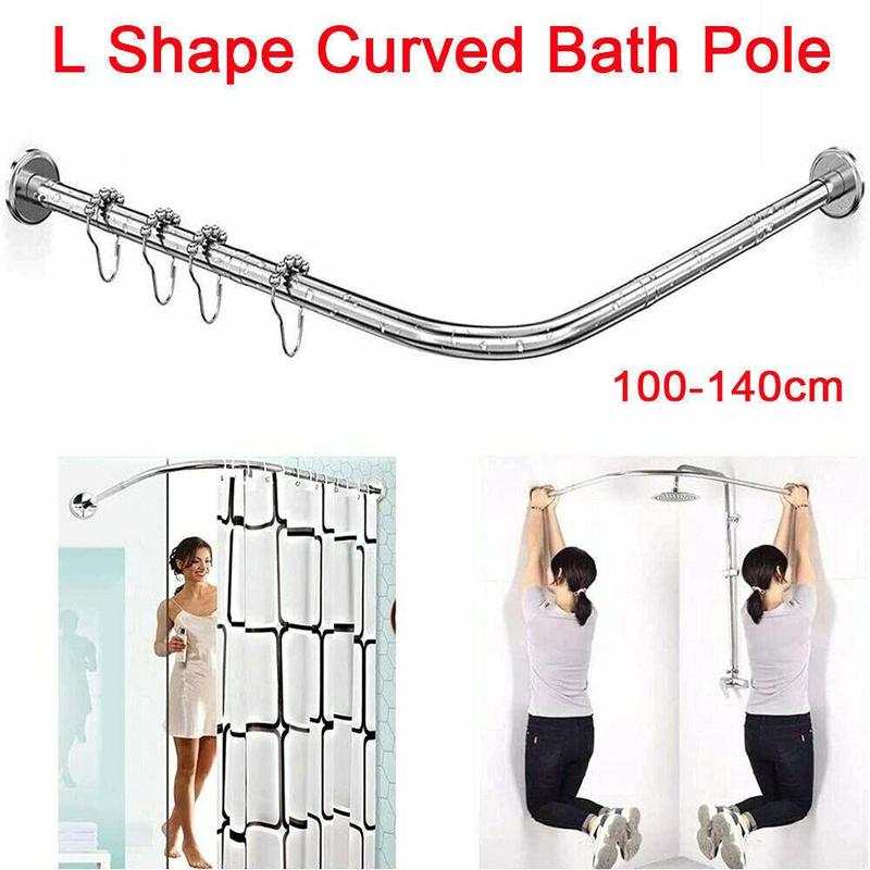 Stretchable Stainless L Shaped Pole Bathroom Corner Shower Curtain Rail Rack Rod Set Steel Installation Adjustable 2