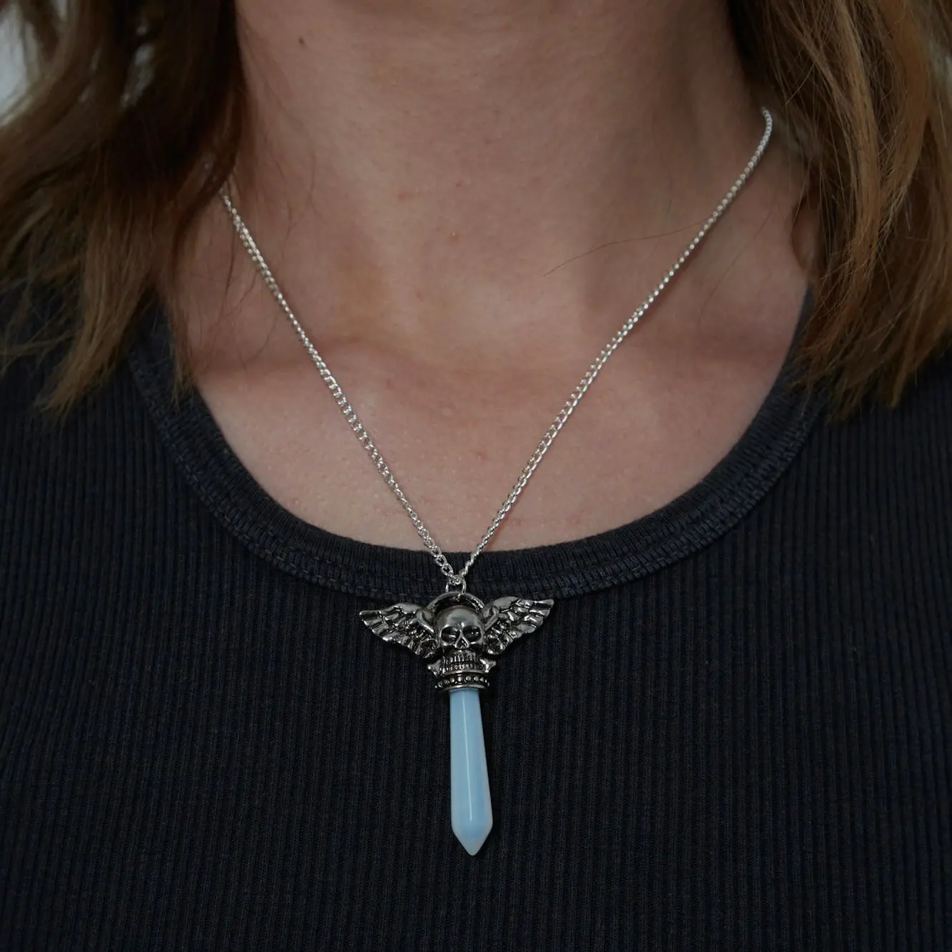 Silver Opal Dagger Skull Charm Necklace
