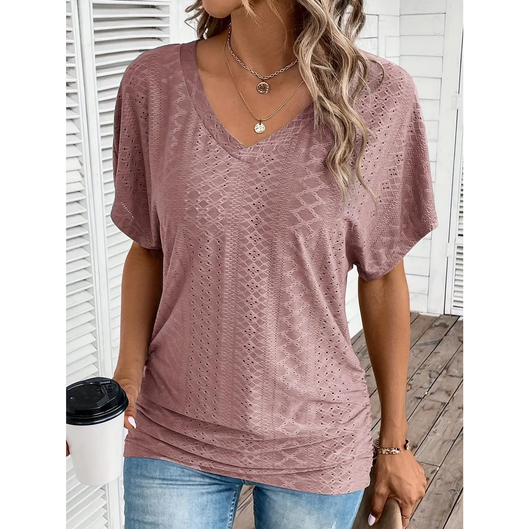 Women's Casual Short Sleeve V-Neck Top in Teal - Soft Polyester & Elastane Blend, Eyelet Embroidery Detail, Ruched Side - Easy Care, Machine Washable - Perfect for Summer, Summer Casual Wear|Ruched Detailing|Smooth Shiny Fabric