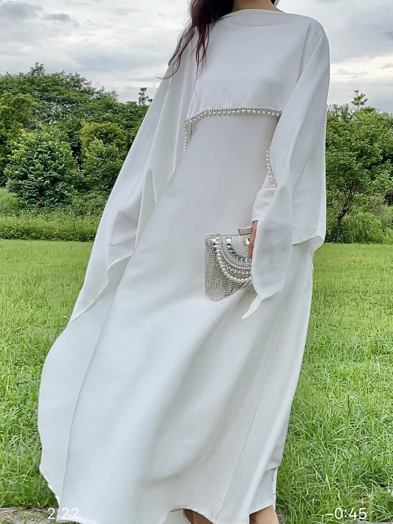 Product Introduction of 2025 Ramadan Promotion Two- piece Satin cape elegant dress , occasion abaya , Modest dress with pearl and crystal 34