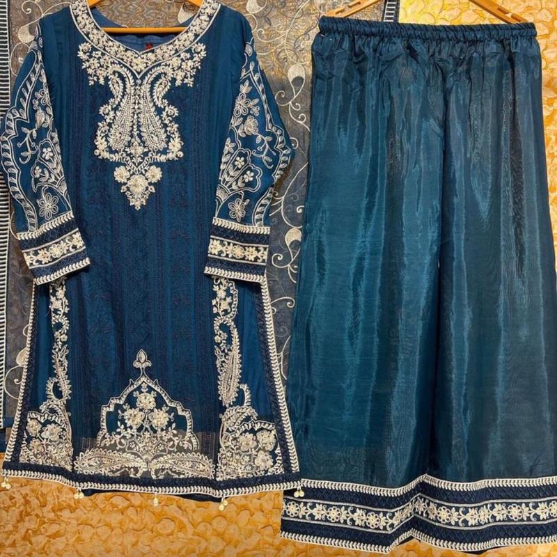 Naira Chiffon Partywear with palazzo trouser sharara Outfit and chiffon dupatta Embroidered Traditional Dress Womenswear 5