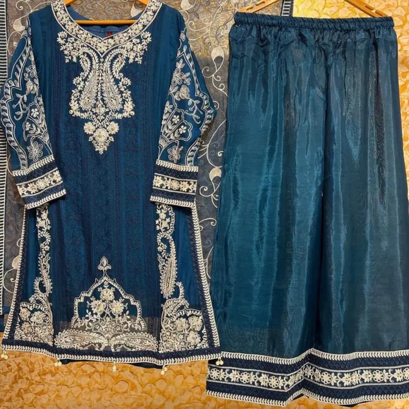 Naira Chiffon Partywear with palazzo trouser sharara Outfit and chiffon dupatta Embroidered Traditional Dress Womenswear 5