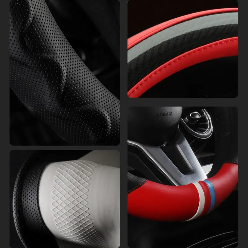 UNIVERSAL CAR STEERING WHEEL COVER ANTI-SLIP RED MESH RUBBER & CARBON 15"/38CM taxi uber and amazon flex driver upgrade stylish 1