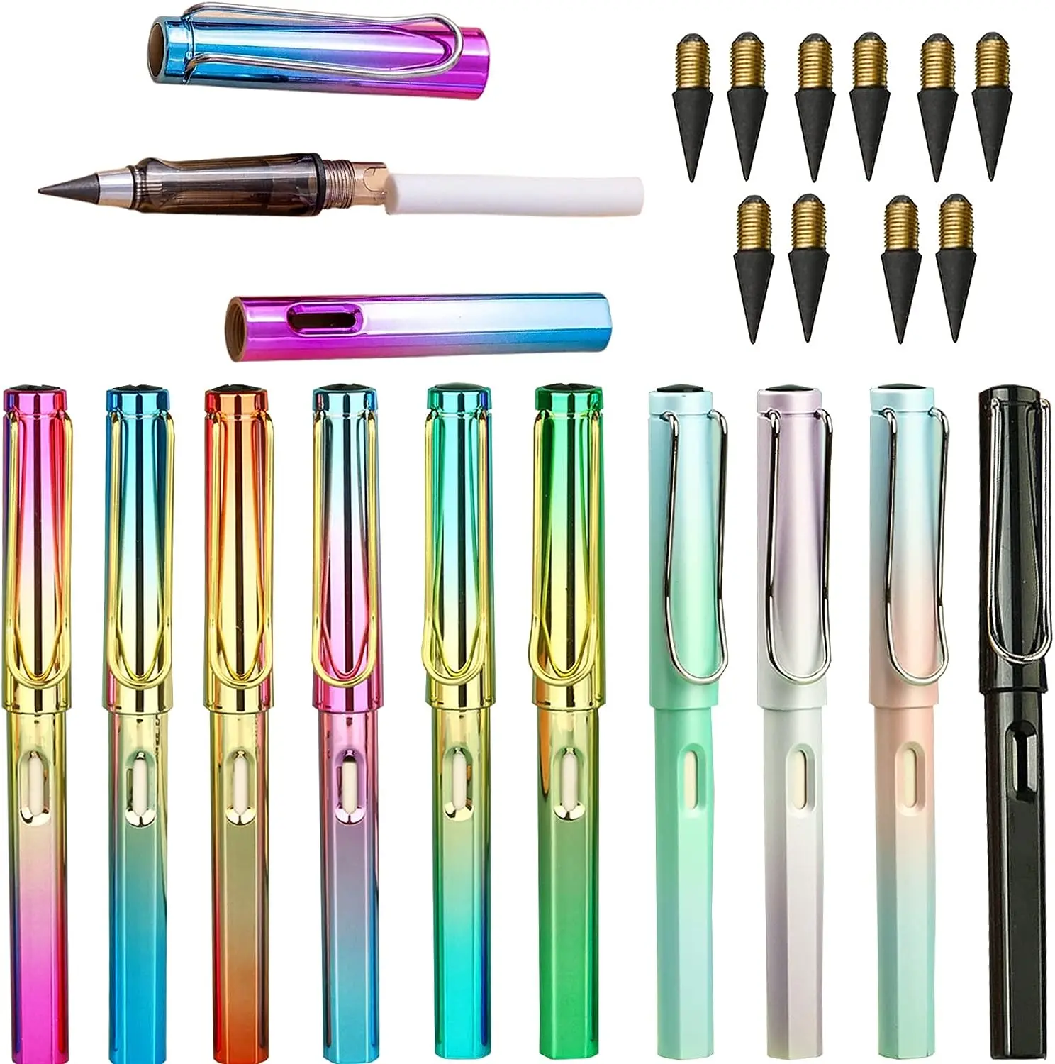 10 Sets Inkless Everlasting, Infinity Magic Pencil with Eraser, Tree-Friendly Cute Forever Pencil for Kids Writing, Sketch, Drawing, (10 Pencils + 10 Erasers + 10 Replacement Pen Tips)