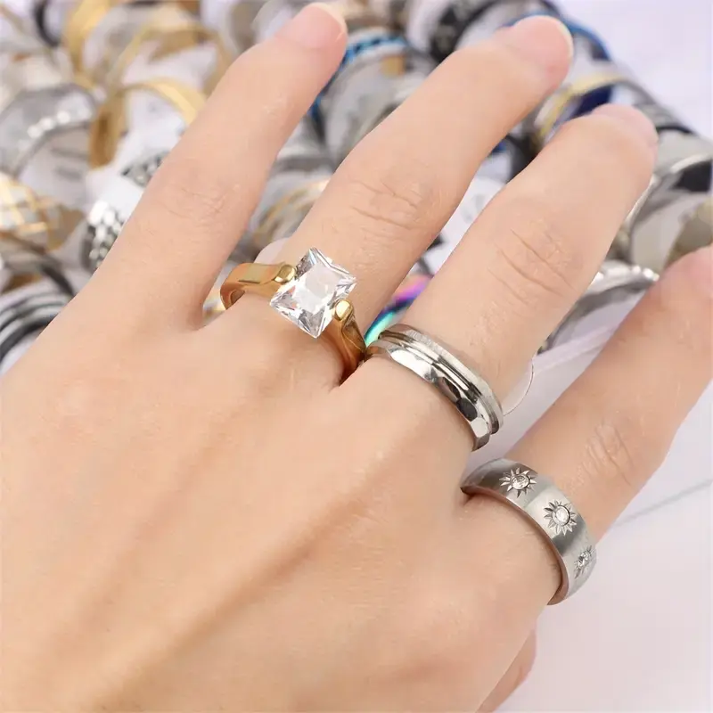 10Pcs/Lot Heart Letter Stripe Rhinestones Rings - Durable Stainless Steel Construction, Trendy Mix-and-Match Style - Perfect for Wedding, Engagement, Anniversary, Party Gifts and More 1