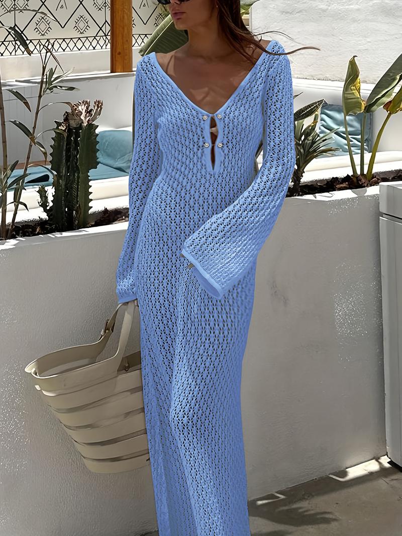 Product Introduction of Women White Long Knit Sleeve Bikin Fashion Cover up Female See-Through Deep V-Neck Hollow-Out Beach Knitwear Backless Dress 13