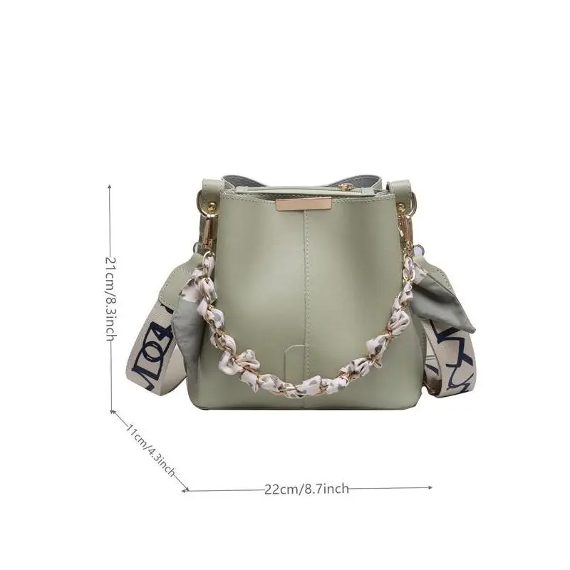 2025 new model Spring Chain Decorated Bucket Bag for Women, Solid Color Crossbody Bag with Silk Scarf, Minimalist Wide Strap Lux Bag for Women's Work & Daily Use Mother's Day Gift 7