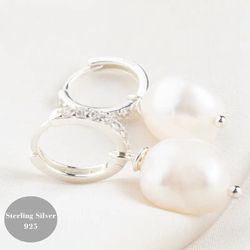 Titania Diamante Huggies With Fresh-water Pearl Charm - Sterling Silver 925 4