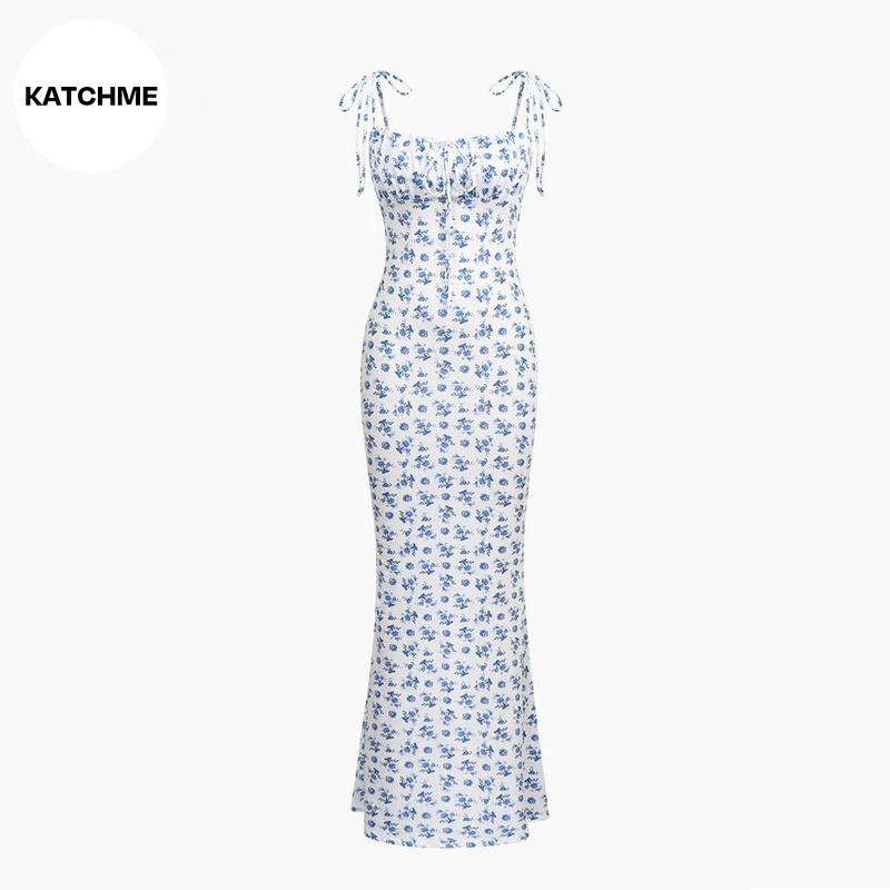 KatchMe Fresh Womenswear Adjustable Strap Floral Print Tie-Up Slinky Maxi Dress,Summer Mermaid Tail Dresses for Women,Birthday Outfits,Womenswear 1