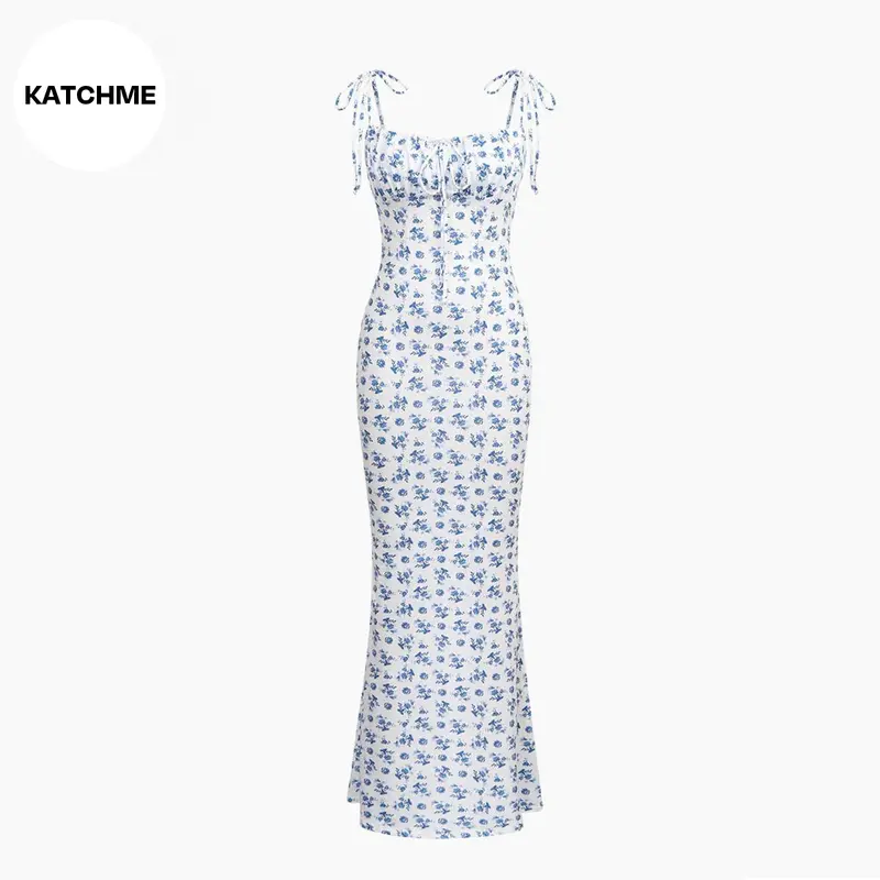 KatchMe Fresh Womenswear Adjustable Strap Floral Print Tie-Up Slinky Maxi Dress,Summer Mermaid Tail Dresses for Women,Birthday Outfits,Womenswear 1