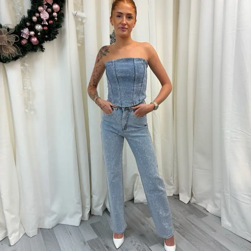 LUXE 1000+ Diamanté Rhinestone Sparkly Denim Corset Top Bralette 2