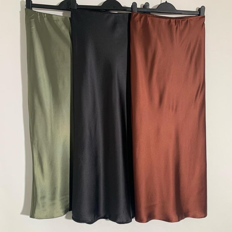 Tailored Silver Sage Green Black & Brown Midi Satn Skirt Drape  occasion Modest Women’s  Casual 1