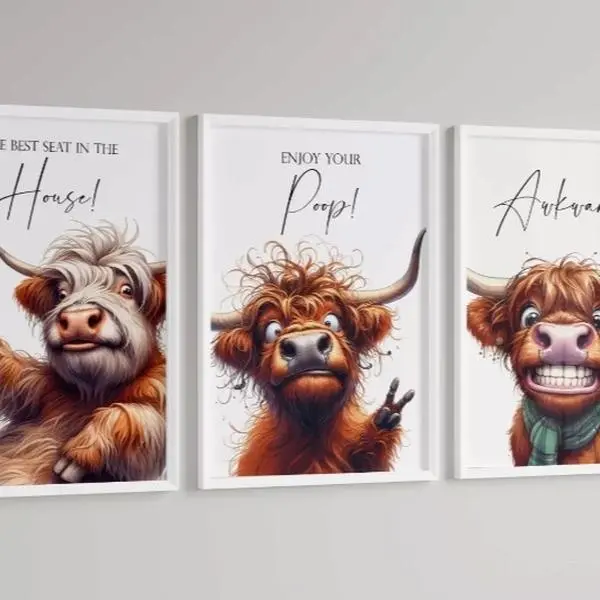 Bathroom prints Wall Art x 3 Print Set, A4 Unframed Poster - Decor, Gift highland cow